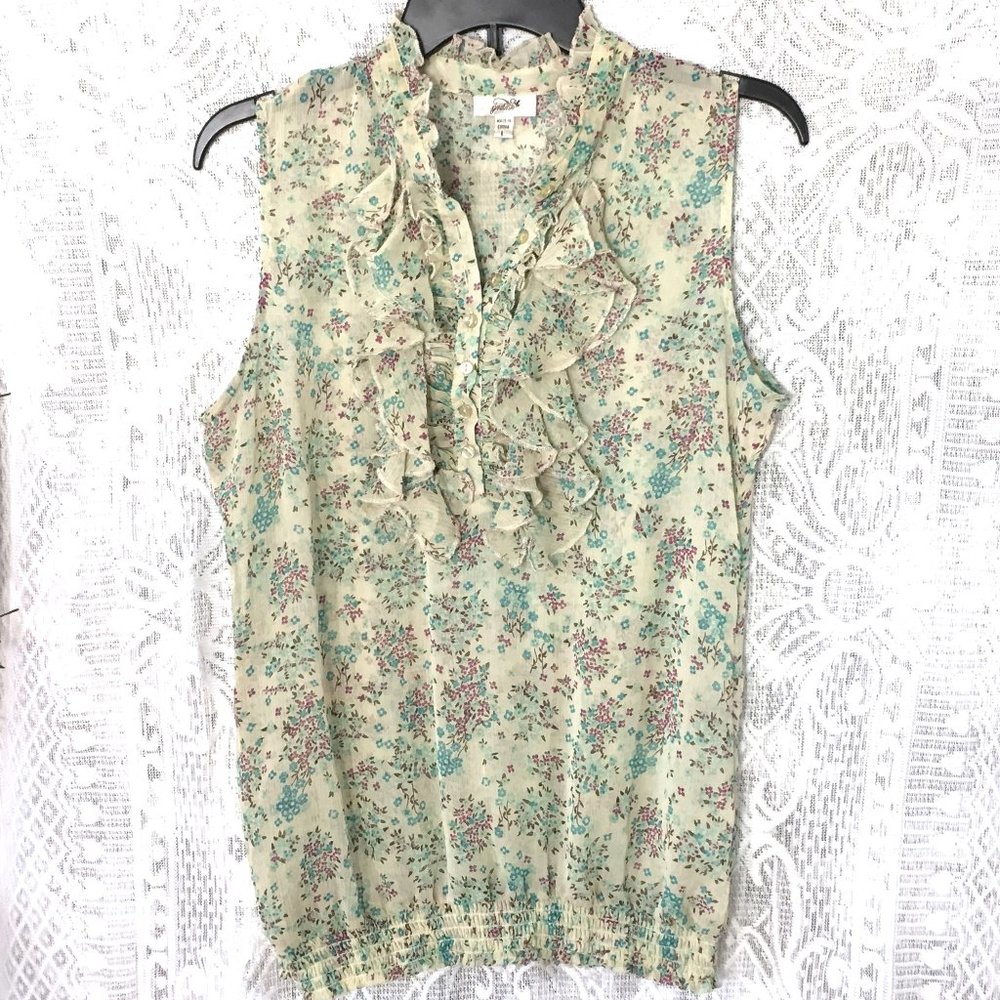 Grane Floral Tank Top L Purple Aqua Blue Creme Tan Semi Sheer Stretch Ruffle